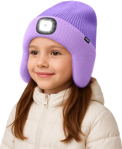 ATNKE Kinder LED Beleuchtete Ohrenklappen Mütze mit Licht,USB Wiederaufladbare 4 LED Laufmütze Stirnlampe Winter Warm Fleece Gefüttert Strick Mütze Geschenke für Jungen und Mädchen