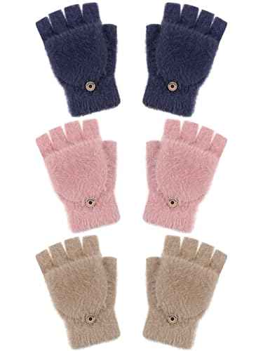 Geyoga 3er Pack Fingerlose Handschuhe mit Klappe Damen Winter Halbfinger Fäustlinge Handschuhe für Kinder