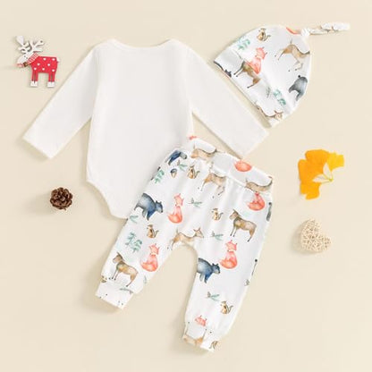 Geagodelia Neugeborene Baby Kleidung Set Junge Hello Im New Here Langarm Body und Hose Baumwolle Bekleidungssets für Baby Jungen Babykleidung Set Herbst Winter Outfits mit Mütze