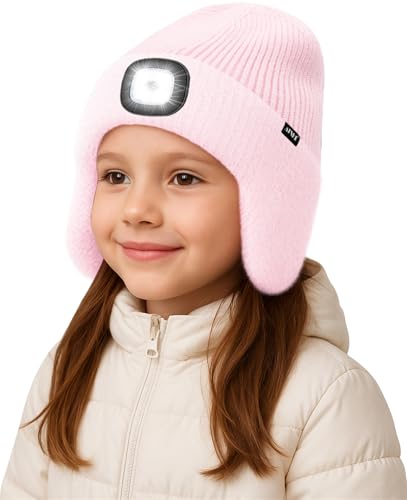 ATNKE Kinder LED Beleuchtete Ohrenklappen Mütze mit Licht,USB Wiederaufladbare 4 LED Laufmütze Stirnlampe Winter Warm Fleece Gefüttert Strick Mütze Geschenke für Jungen und Mädchen