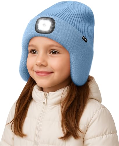 ATNKE Kinder LED Beleuchtete Ohrenklappen Mütze mit Licht,USB Wiederaufladbare 4 LED Laufmütze Stirnlampe Winter Warm Fleece Gefüttert Strick Mütze Geschenke für Jungen und Mädchen