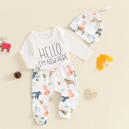 Geagodelia Neugeborene Baby Kleidung Set Junge Hello Im New Here Langarm Body und Hose Baumwolle Bekleidungssets für Baby Jungen Babykleidung Set Herbst Winter Outfits mit Mütze