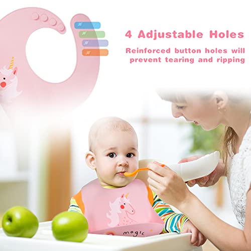 Vicloon Silikon Baby Lätzchen, 2 Stück Baby Lätzchen mit Auffangschale, BPA Frei, Einfache Reinigung, Wasserdicht Silikon-lätzchen für Jungen Mädchen, Kaninchen-Einhorn（Rosa）