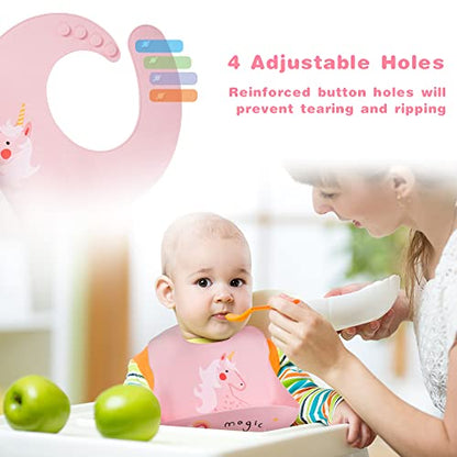 Vicloon Silikon Baby Lätzchen, 2 Stück Baby Lätzchen mit Auffangschale, BPA Frei, Einfache Reinigung, Wasserdicht Silikon-lätzchen für Jungen Mädchen, Kaninchen-Einhorn（Rosa）