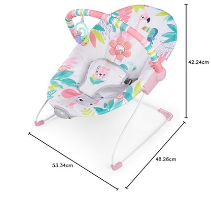 Bright Starts, Babywippe Babyschaukel Safari Fun mit Beruhigenden Vibrationen, Spielbogen mit 2 Spielzeugen, 3-Punkte-Gurt Sitz, Maschinenwaschbares Sitzpolster, ab der Geburt bis 9kg