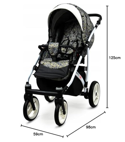 BabyLux® Bambimo Kinderwagen Set 3 in 1 - White Lux - incl. Babywanne, Buggy Sportsitz, Auto-Babyschale - Autositz - Kinderwagenset - Kombikinderwagen mit Wickeltasche, Regenschutz usw.