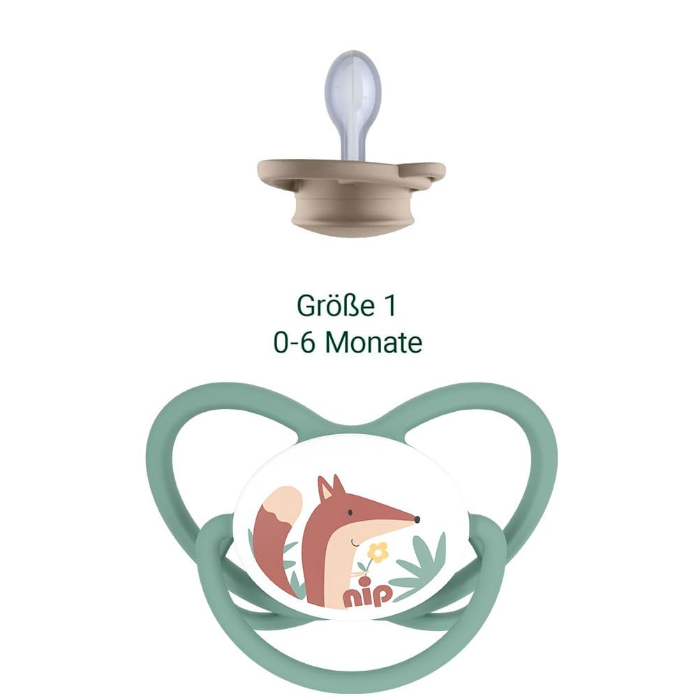 NIP Spar-Set Silikon Schnuller Butterfly 4er Pack, Größe 1 (0-6 Monate) beige/blau/grün, Extra flaches und weiches Saugteil aus Silikon, Kiefergerecht und Stillfreundlich, ab Geburt