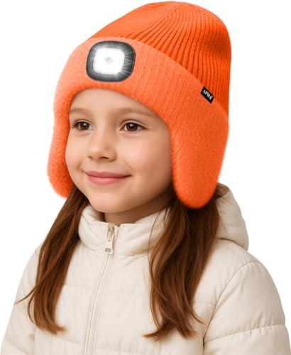 ATNKE Kinder LED Beleuchtete Ohrenklappen Mütze mit Licht,USB Wiederaufladbare 4 LED Laufmütze Stirnlampe Winter Warm Fleece Gefüttert Strick Mütze Geschenke für Jungen und Mädchen