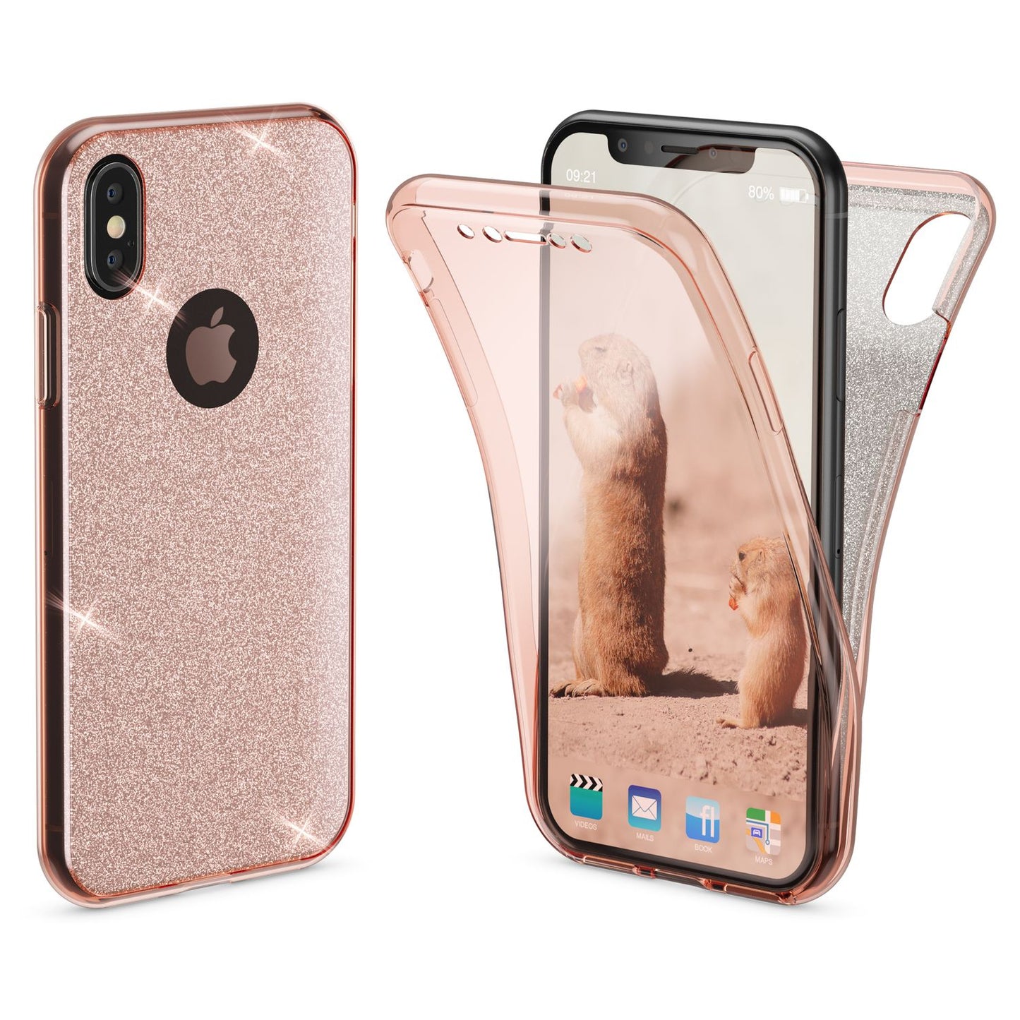 NALIA 360 Grad Hülle kompatibel mit iPhone XS X, Glitter Handyhülle Full Cover vorne & hinten Doppel-Schutz, Dünnes Ganzkörper Case Silikon, Transparenter Displayschutz & Rückseite