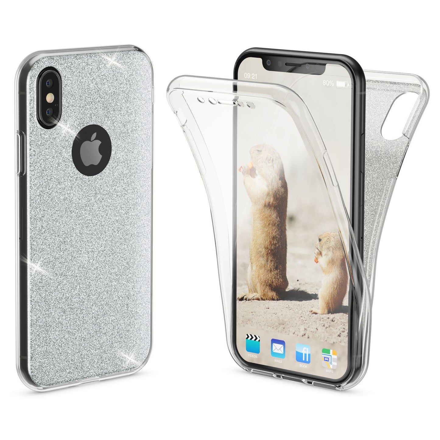 NALIA 360 Grad Hülle kompatibel mit iPhone XS X, Glitter Handyhülle Full Cover vorne & hinten Doppel-Schutz, Dünnes Ganzkörper Case Silikon, Transparenter Displayschutz & Rückseite