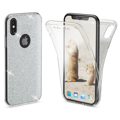 NALIA 360 Grad Hülle kompatibel mit iPhone XS X, Glitter Handyhülle Full Cover vorne & hinten Doppel-Schutz, Dünnes Ganzkörper Case Silikon, Transparenter Displayschutz & Rückseite