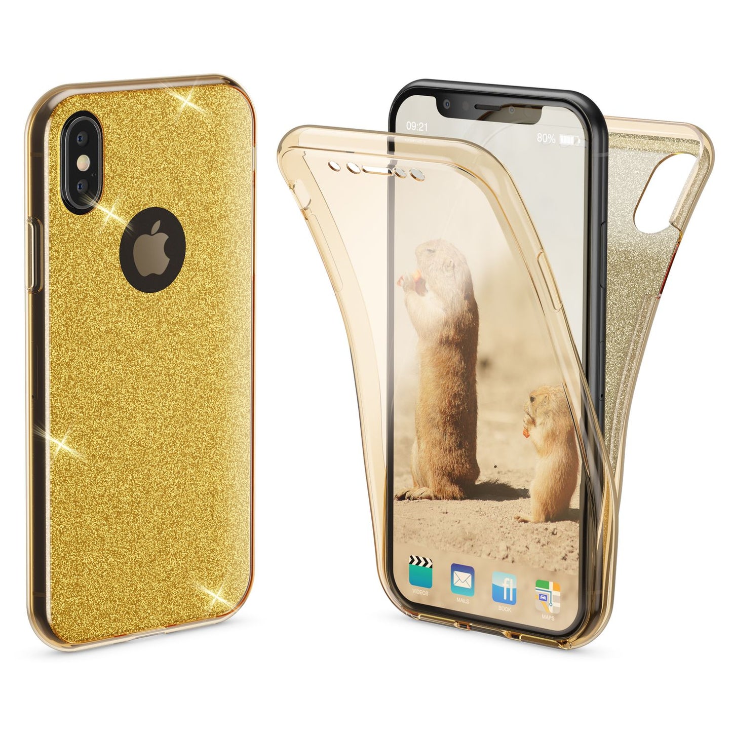 NALIA 360 Grad Hülle kompatibel mit iPhone XS X, Glitter Handyhülle Full Cover vorne & hinten Doppel-Schutz, Dünnes Ganzkörper Case Silikon, Transparenter Displayschutz & Rückseite