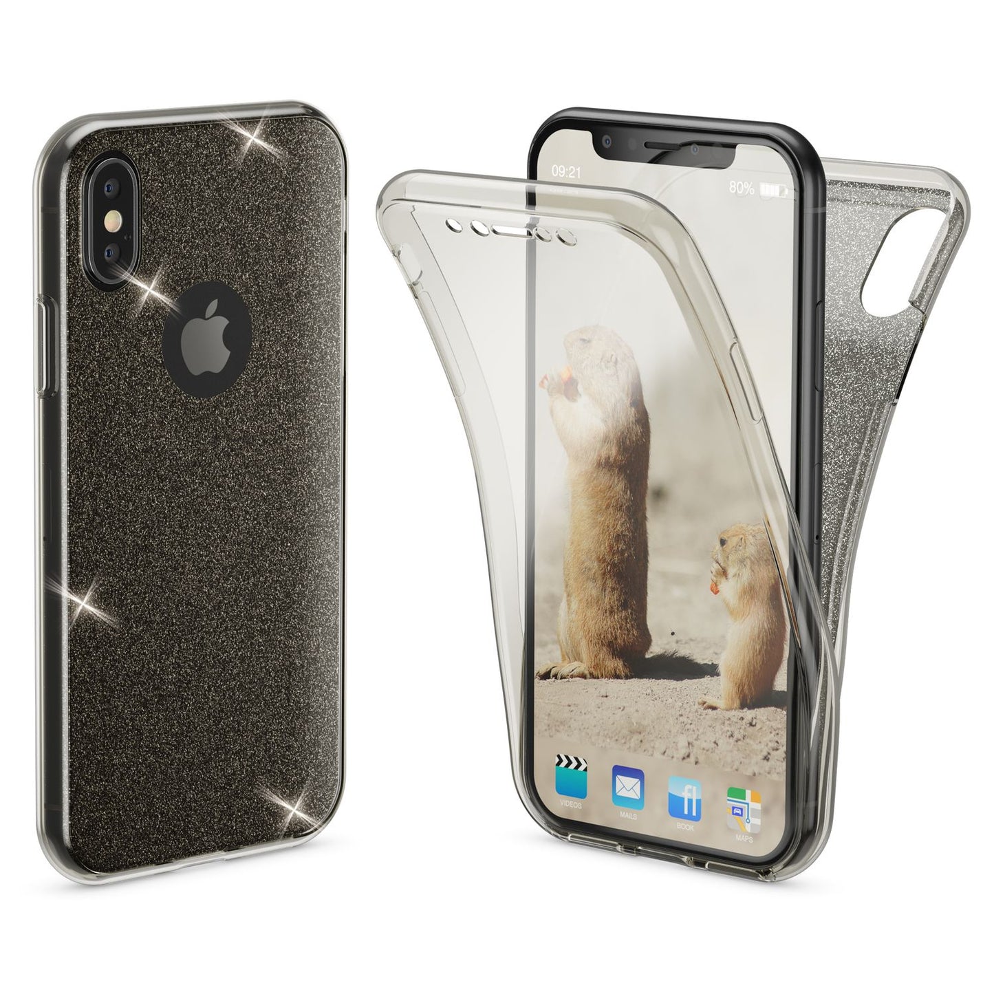 NALIA 360 Grad Hülle kompatibel mit iPhone XS X, Glitter Handyhülle Full Cover vorne & hinten Doppel-Schutz, Dünnes Ganzkörper Case Silikon, Transparenter Displayschutz & Rückseite