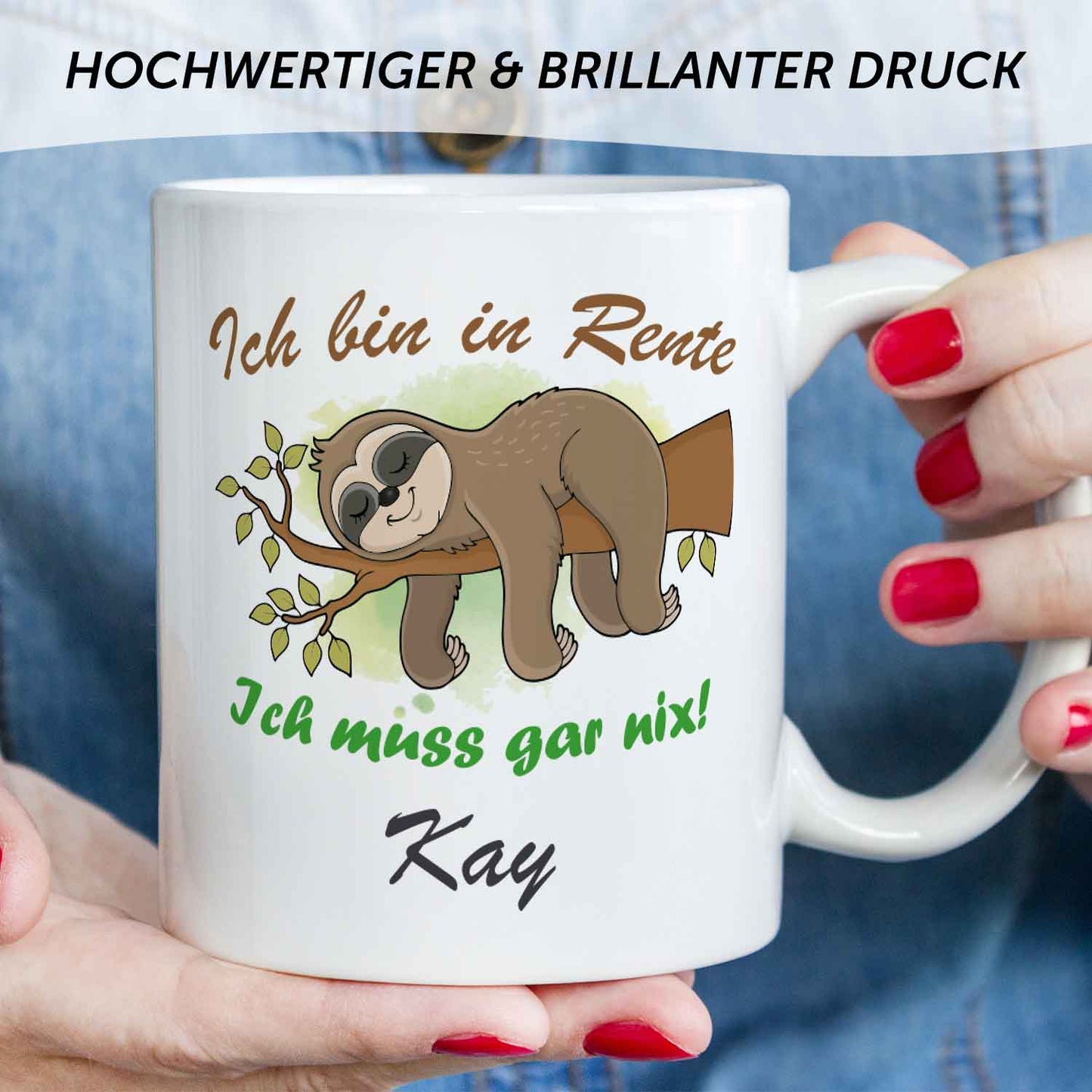 Bedruckte Tasse Faultier in Rente - Personalisiert mit Name