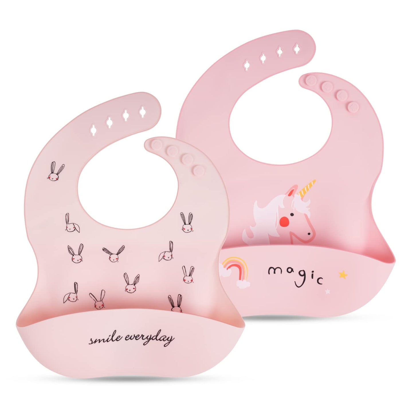 Vicloon Silikon Baby Lätzchen, 2 Stück Baby Lätzchen mit Auffangschale, BPA Frei, Einfache Reinigung, Wasserdicht Silikon-lätzchen für Jungen Mädchen, Kaninchen-Einhorn（Rosa）
