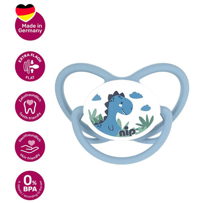 NIP Spar-Set Silikon Schnuller Butterfly 4er Pack, Größe 1 (0-6 Monate) beige/blau/grün, Extra flaches und weiches Saugteil aus Silikon, Kiefergerecht und Stillfreundlich, ab Geburt
