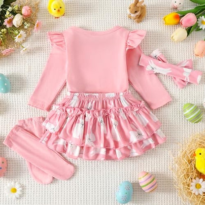 Baby Mädchen Outfit Rüschen Langarm My 1. Valentinstag Osterhase Strampler + Tutu Rock + Strümpfe mit Stirnband Babykleidung Set Neugeborene Fotoshooting Kleid für 0-18 Monate