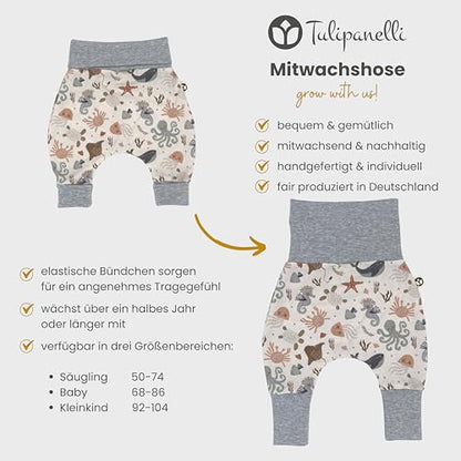 Handmade Baby Baggy Trousers, Handmade Cotton Jersey Grows with Your Gown, Sizes 50-74, 68-86, 92-104, Fairly Produced in Germany (Sea Creatures, 50-74)