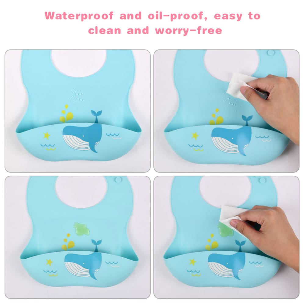 Vicloon Silikon Baby Lätzchen, 2 Stück Baby Lätzchen mit Auffangschale, BPA Frei, Einfache Reinigung, Wasserdicht Silikon-lätzchen für Jungen Mädchen, Kaninchen-Einhorn（Rosa）