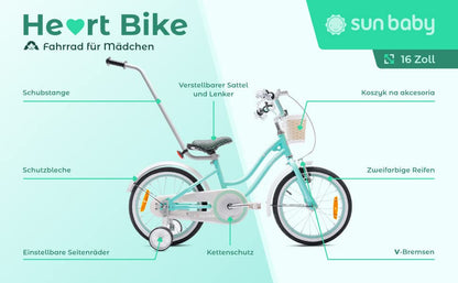 sun baby Mädchenfahrrad 12, 14 und 16 Zoll Radgröße Heart Bike zur Auswahl, mit Abnehmbarer Schubstange, Kinderfahrrad für Mädchen von 2 bis 6 Jahre