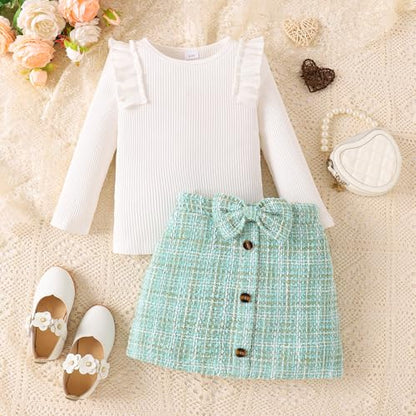 Baby Kinder Mädchen Kleidung Set Rüschen gerippt Langarm Top Fliege Checked Rock 2 Stück Frühling Herbst Kleinkind Outfits Set