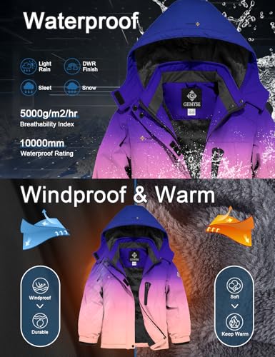 GEMYSE Girls' Waterproof Ski Jacket Windproof Fleece Outdoor Winter Jacket Rain Jacket with Hood