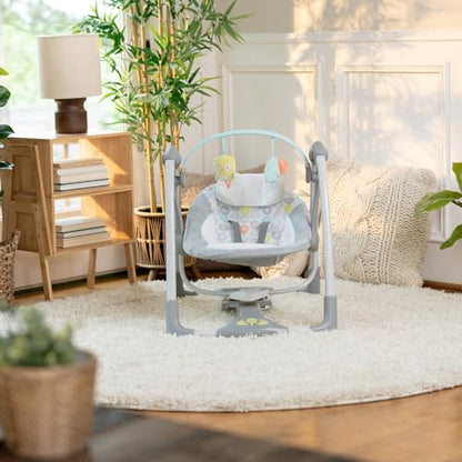 Ingenuity Hugs & Hoots zusammenklappbare & tragbare Babyschaukel, 5 Schaukelgeschwindigkeiten, 8 Melodien, 3 Naturgeräusche, Lautstärkeregulierung und Spielzeugbügel, ab der Geburt bis 9kg