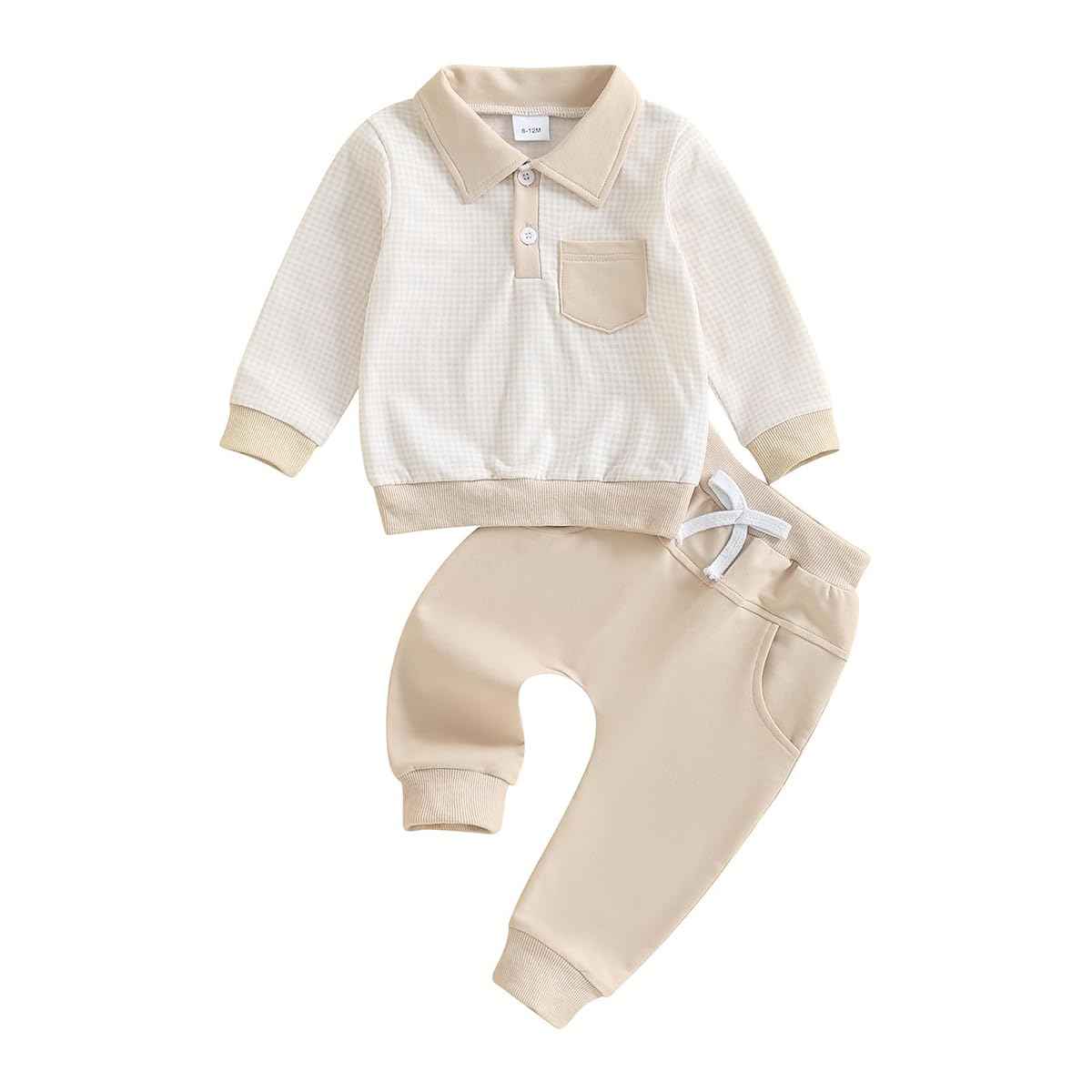Toddler Baby Boys Clothing Outfits Long Sleeve Turn-Down Collar Plain / Checked Sweatshirt and Trousers 2 Pieces Autumn Winter Tracksuit Set