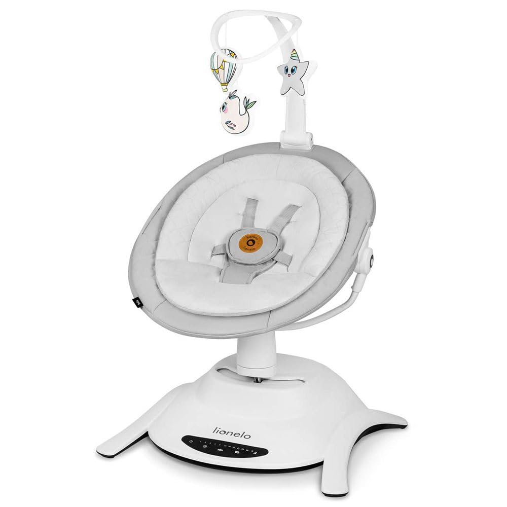 LIONELO Bella Elektrische Babywippe 360o für Babys bis 9 kg, verstellbare Rückenlehne, 5 Schaukelgeschwindigkeiten Sicherheitsgurt Erkennung von Bewegungen Anti-Rutsch
