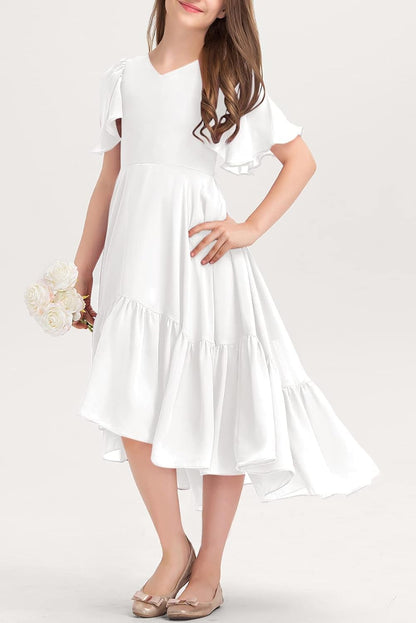 Haloumoning Mädchen Sommerkleid V-Ausschnitt Rüschenkleider Casual A Line Kleid Flowy Hoch Niedrig Lang Partykleid Elegant Langes Abendkleid
