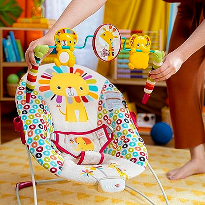 Bright Starts, Babywippe Babyschaukel Safari Fun mit Beruhigenden Vibrationen, Spielbogen mit 2 Spielzeugen, 3-Punkte-Gurt Sitz, Maschinenwaschbares Sitzpolster, ab der Geburt bis 9kg