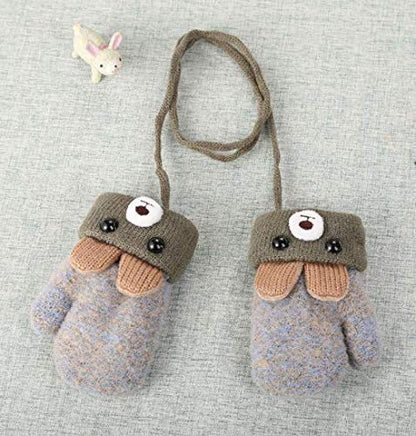 Kids Winter Gloves Mittens Baby Cartoon Mitten Neck Gloves Thick Double Knitted Glove with Plush,0 - 3 years old, Playing, Running, Skiing
