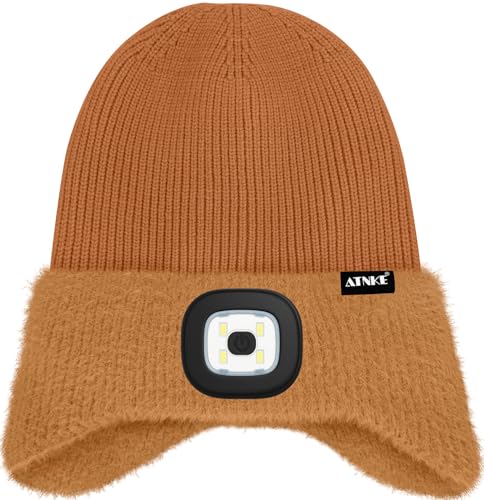 ATNKE Kinder LED Beleuchtete Ohrenklappen Mütze mit Licht,USB Wiederaufladbare 4 LED Laufmütze Stirnlampe Winter Warm Fleece Gefüttert Strick Mütze Geschenke für Jungen und Mädchen