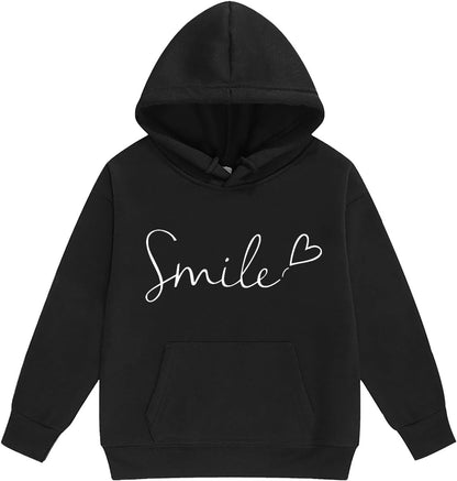 Mädchen 2-teiliges Outfit Herbst Hoodie Lächeln Sweatsuit Sets Kinder 2025 mit Kapuze Ausgehen Sweatanzüge Sweatshirt mit Taschen Grafik Langarm Brief Kordelzug Sweatsuits Sets