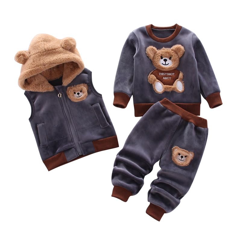 Odziezet Toddler Warm Outfit Children's Hooded Sleeveless Vest Suit Baby Winter Three Piece Outfits Child Long Sleeve Sweatshirt Trousers Sets Babies Cartoon Bear Clothing 0-4 Years