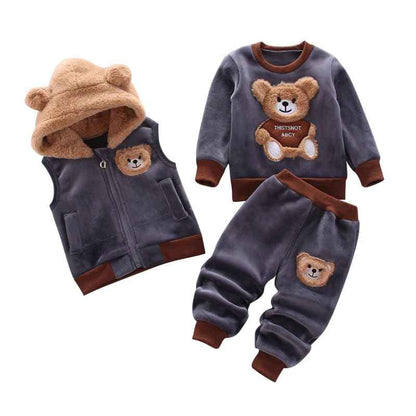 Children Warm Clothes Children Jumpsuit Vest Sleeveless Hooded Child Winter Three Pieces Clothes Child Long Sleeve Sweatshirt Pants Set Children Cartoon Bear Clothes 0-4 Years