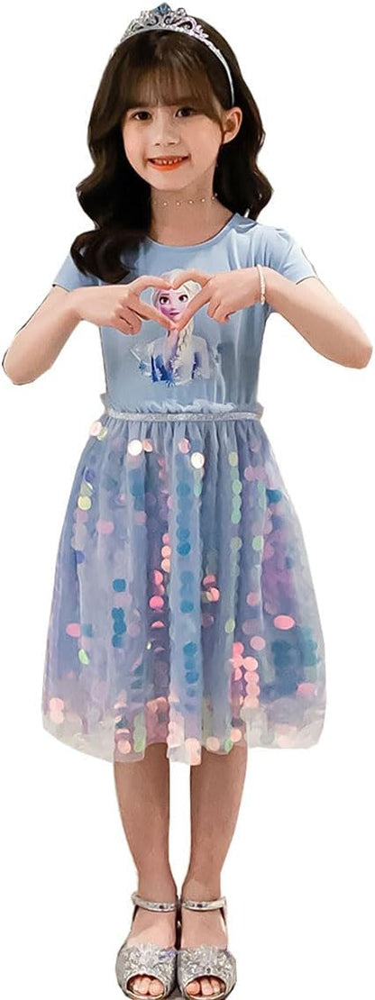Renholin ELSA Kleider Shine Sommer Kleid Kurzarm Gefrorene Eiskönigin Prinzessin EIS Prinzessin Kostüm Mädchen Kinder Party Rock