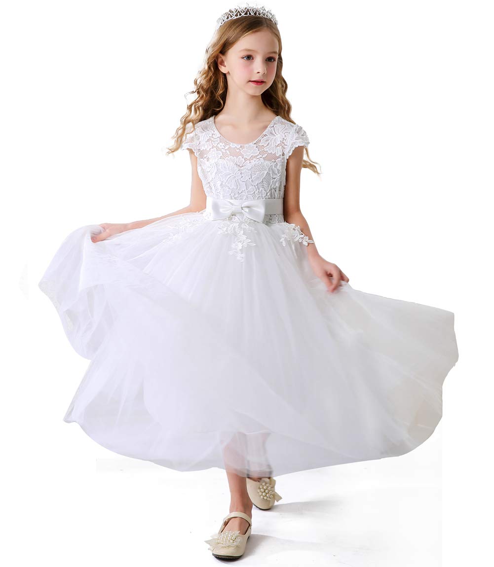 TYHTYM Blumenmädchen Kleid, Festzug, Hochzeit, Spitzenkleid, Abschlussballkleid, Mädchen, Partykleid, Flattern Ärmel, Weiß