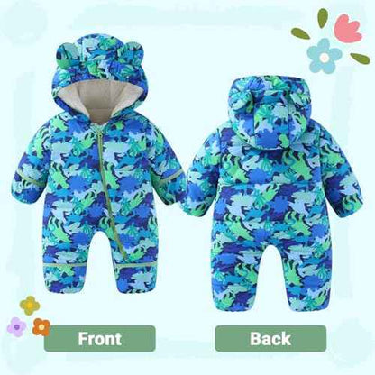 JiAmy Baby Winter Snowsuit, Toddler Bear Hood Fold-Over Mittens Booties Jumpsuit Toddler Warm Fleece Romper Girls Boys Warm Jumpsuit 3-24 Months