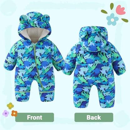 JiAmy Baby Winter Snowsuit, Toddler Bear Hood Fold-Over Mittens Booties Jumpsuit Toddler Warm Fleece Romper Girls Boys Warm Jumpsuit 3-24 Months