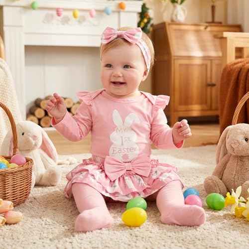 DivingBirds Baby Mädchen Outfit Rüschen Langarm My 1. Valentinstag Osterhase Strampler + Tutu Rock + Strümpfe mit Stirnband Babykleidung Set Neugeborene Fotoshooting Kleid für 0-18 Monate