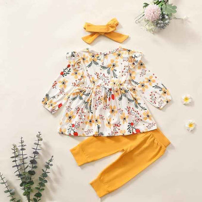 Juflam Baby Mädchen Kleidung Bow Floral Rüsche Langarm Top+ Hosen+Stirnband 3Pcs Bekleidungssets