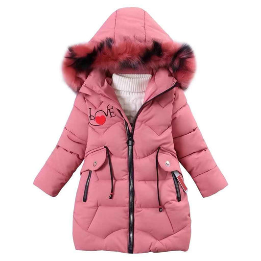 linboo Girls' Winter Jacket Children's Winter Coat Thick Quilted Jacket Long Warm Parka Cotton Jacket Outdoor Coat with Fur Hood and Love Embroidery Print
