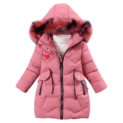 Girls' Winter Jacket Children's Winter Coat Thick Quilted Jacket Long Warm Parka Cotton Jacket Outdoor Coat with Fur Hood and Love Embroidery Print