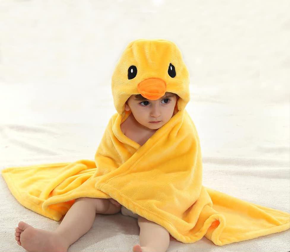 Doladola Baby Decke Babys Tier Design，Flanell Kinder Decke Kapuzenhandtuch für Mädchen und Jungen，Baby Kapuze Badeponcho Kinder Warm（gelbe Ente）