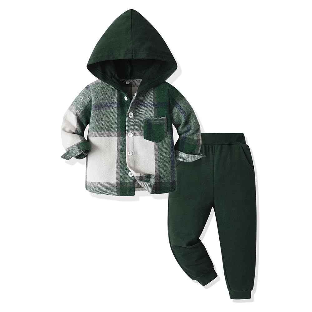 Yanmucy Toddler Baby Boys Clothing Outfit 2 Pieces Cotton Plaid Boy Hoodies Shirt Tops Trousers Set Small Boys Suit Kids Tracksuit Spring Autumn Clothing Set