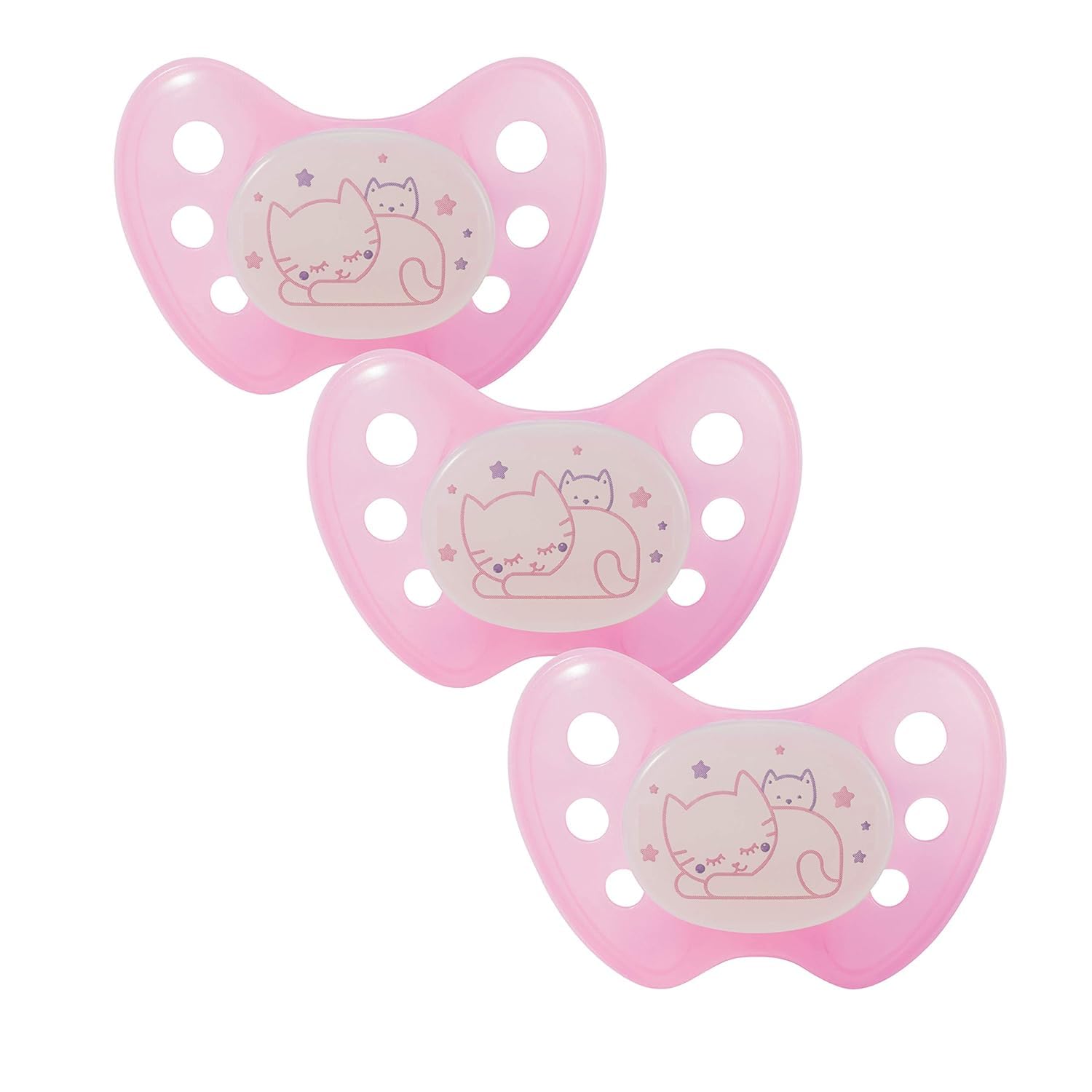 dentistar Night Silikon Schnuller 3er-Set - Größe 1 Schnuller 0-6 Monate - Glow in the Dark Nuckel mit Dentalstufe – BPA-frei – Made in Germany - Katze, Rosa - Meloni2