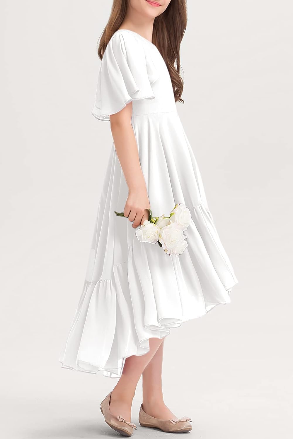 Haloumoning Mädchen Sommerkleid V-Ausschnitt Rüschenkleider Casual A Line Kleid Flowy Hoch Niedrig Lang Partykleid Elegant Langes Abendkleid