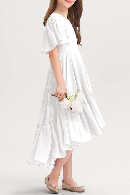 Haloumoning Mädchen Sommerkleid V-Ausschnitt Rüschenkleider Casual A Line Kleid Flowy Hoch Niedrig Lang Partykleid Elegant Langes Abendkleid