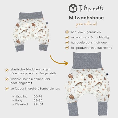 Handmade Baby Baggy Trousers, Handmade Cotton Jersey Grows with Your Gown, Sizes 50-74, 68-86, 92-104, Fairly Produced in Germany (Sea Creatures, 50-74)